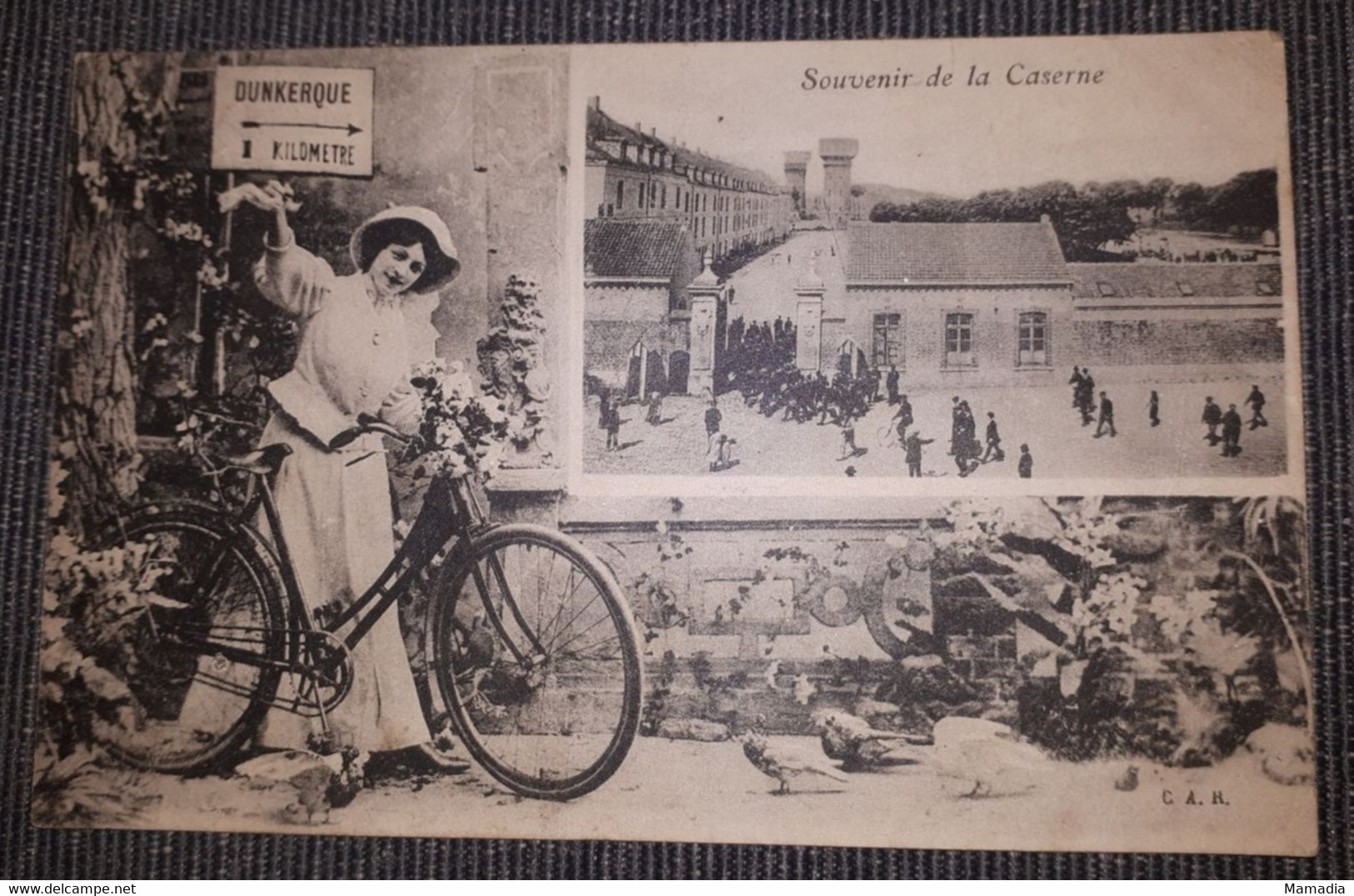 CARTE POSTALE ANCIENNE FEMME VELO CASERNE DUNKERQUE 1910-1915 - Greetings From...