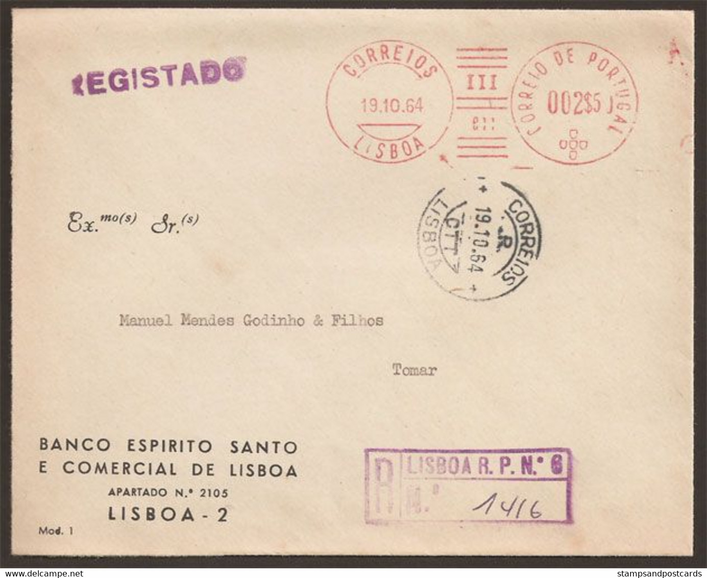 Portugal EMA Cachet Rouge Banque BESCL 1964 Recommandée Privé Nº 6 Meter Stamp BESCL Bank Private Registration Nº 6 - Frankeermachines (EMA)