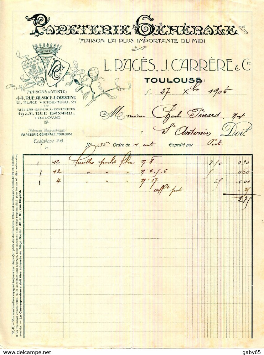 FACTURE.31.TOULOUSE.PAPETERIE GENERALE.L.PAGES & J.CARRERE & Cie.44 RUE ALSACE LORRAINE. - Printing & Stationeries