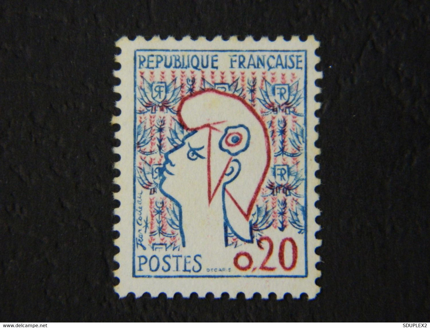 République Française 0,20 Dentelé Type Marianne De Cocteau 1961 Y&T 1282 Type 2 Bleu Et Rouge Non Oblitéré - 1961 Marianni Di Cocteau