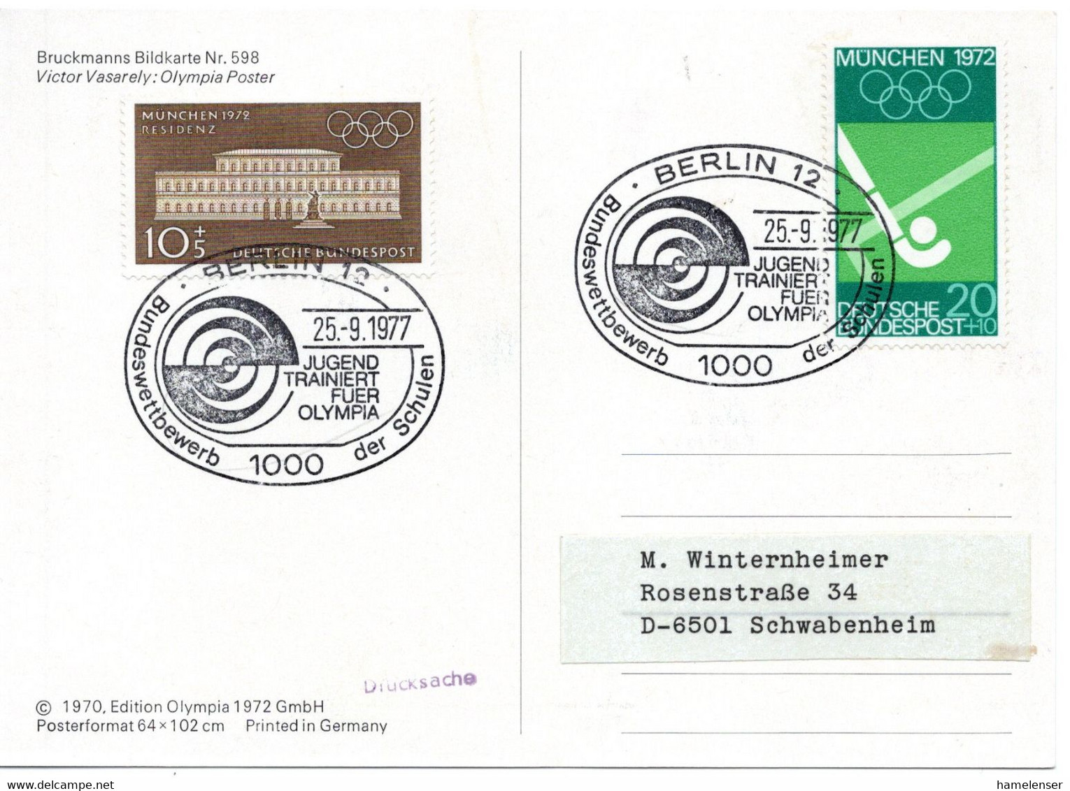 56379 - Bund - 1977 - 20Pfg Olympia '72 MiF A AnsKte BERLIN - JUGEND TRAINIERT FUER OLYMPIA ... -> Schwabenheim - Other & Unclassified