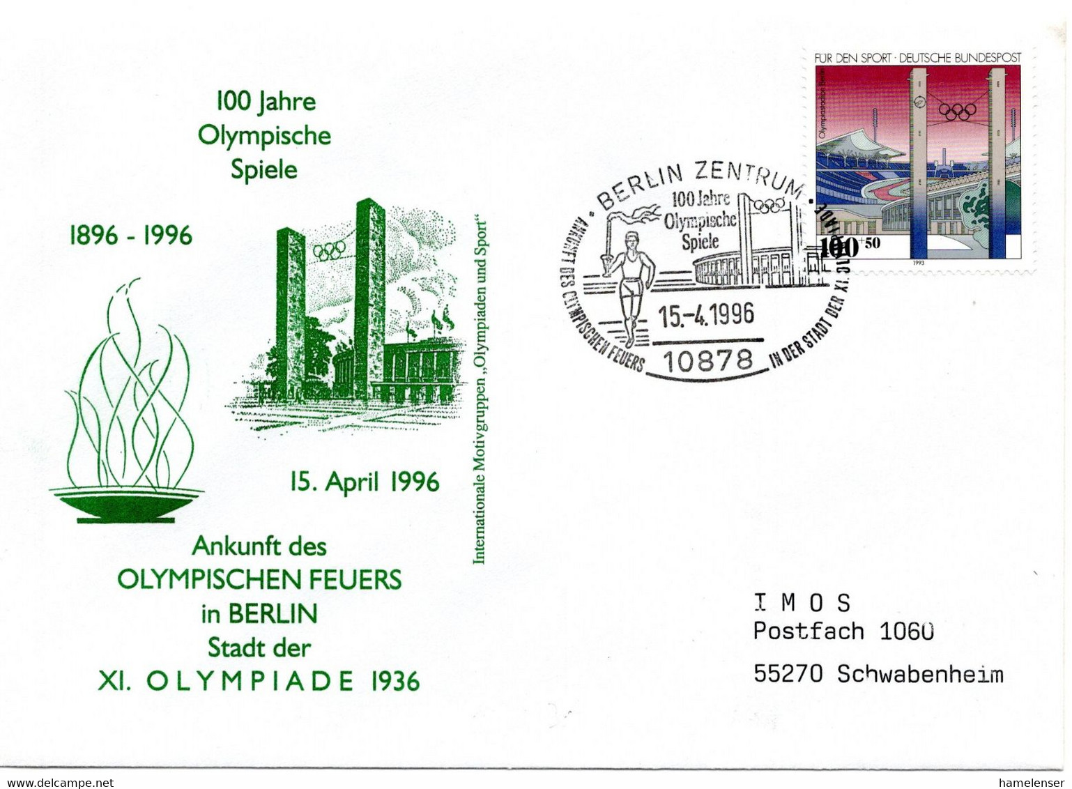 56381 - Bund - 1996 - 100Pfg Sport '93 EF A Bf SoStpl BERLIN - 100 JAHRE OLYMPISCHE SPIELE ... -> Schwabenheim - Summer 1936: Berlin