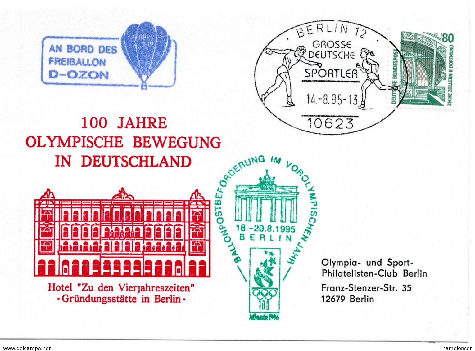 56383 - Bund - 1995 - 80Pfg SWK EF A OrtsKte SoStpl BERLIN - GROSSE DEUTSCHE SPORTLER -> Schwabenheim - Sonstige & Ohne Zuordnung