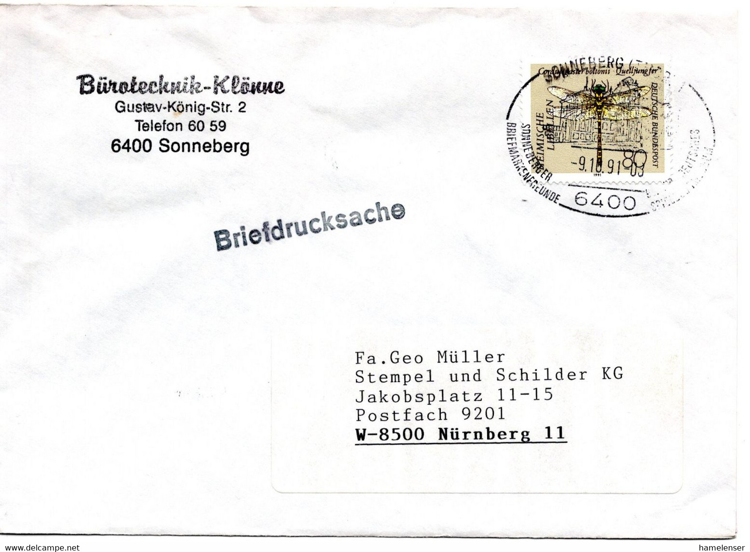 56389 - Bund - 1991 - 80Pfg Libelle EF A DrucksBf SONNEBERG - ... -> VGW - Sonstige & Ohne Zuordnung