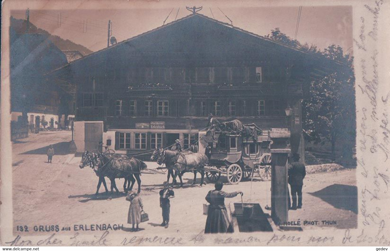 Gruss Aus Erlenbach BE, Diligence Devant Le Bureau De Poste, Attelage De 4 Chevaux (132) - Erlenbach Im Simmental