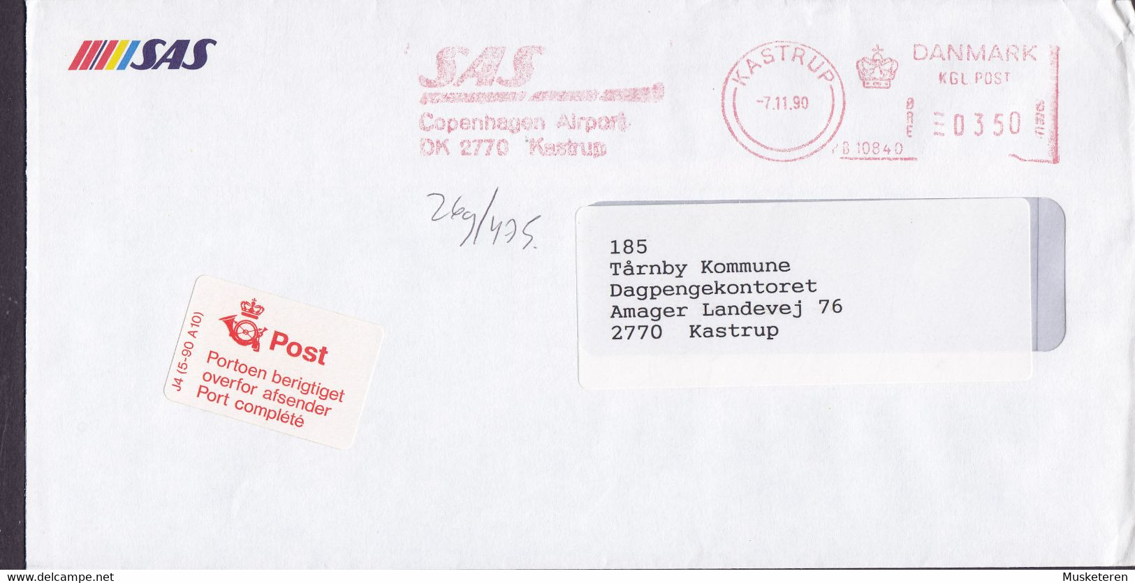 Denmark SAS Copenhagen Airport KASTRUP 1990 Meter Cover Freistempel Brief PORTOEN BERIGTIGET Port Complété Label - Franking Machines (EMA)