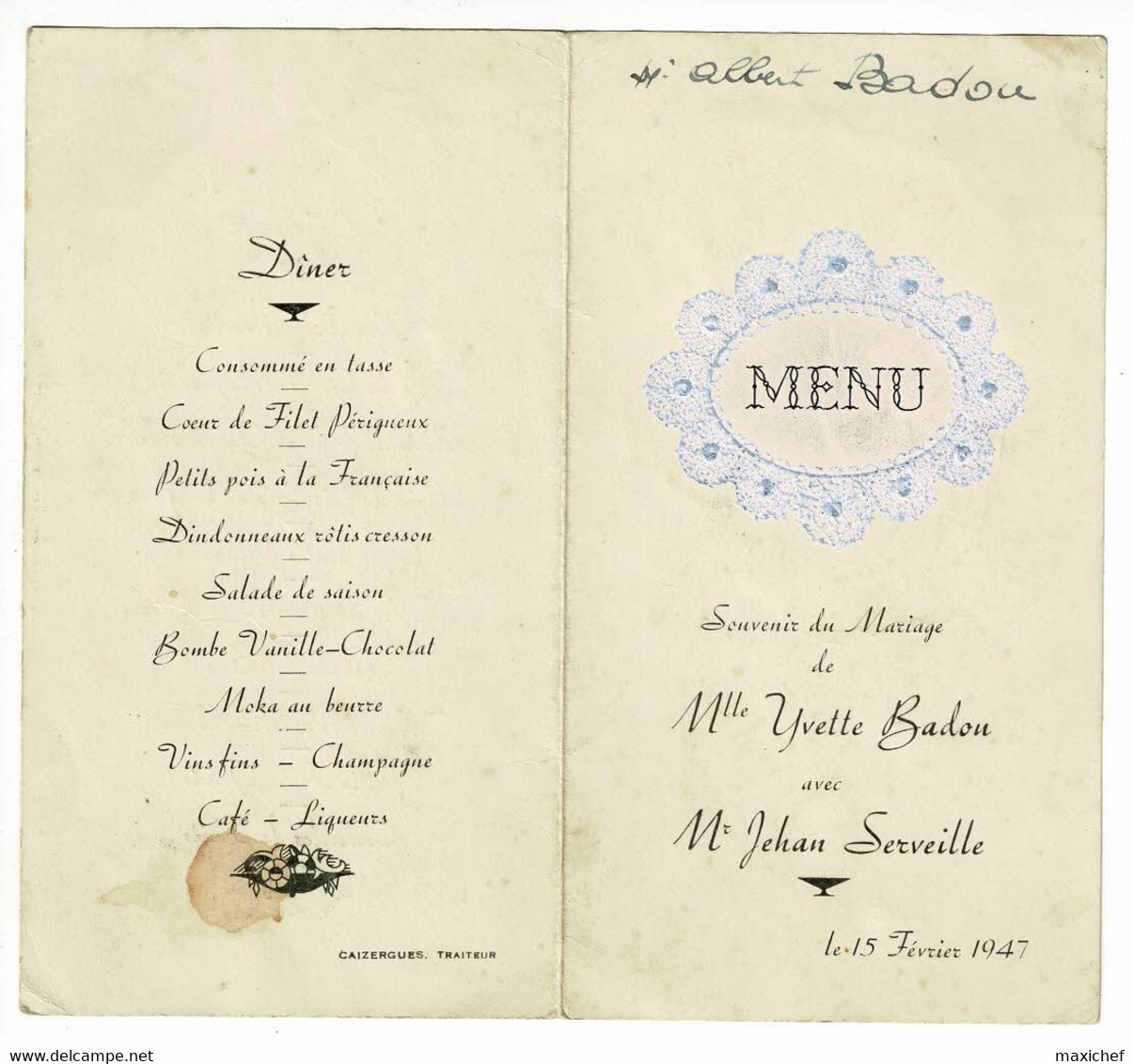 Menu 2 Volets - Souvenir Mariage - 15 Février 1947 - Caizergues, Traiteur - Menus