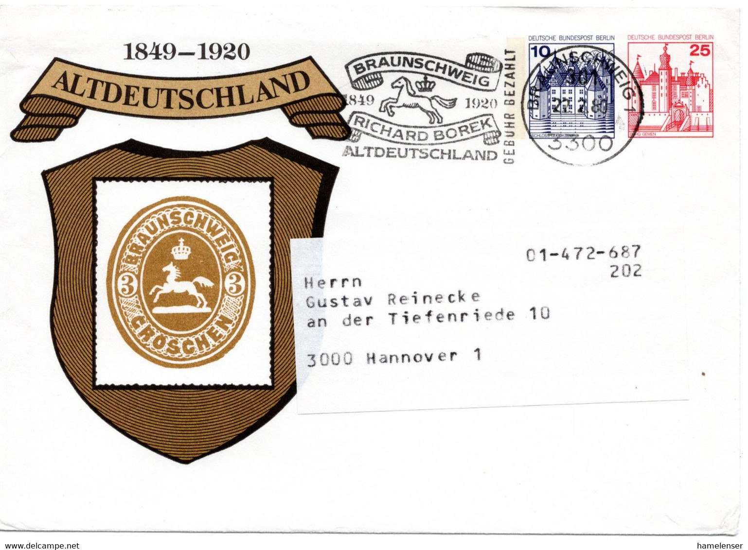 56395 - Berlin - 1980 - 25Pfg&10Pfg B&S PGAUmschl "Altdeutschland" AbsStpl BRAUNSCHWEIG - ... -> Hannover - Francobolli Su Francobolli