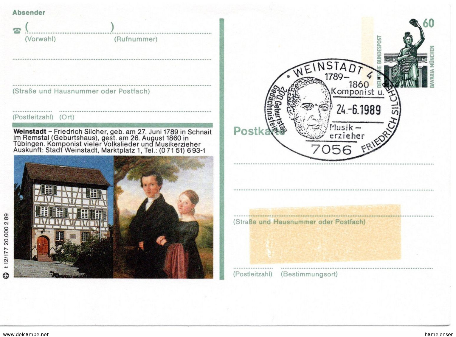 56405 - Bund - 1989 - 60Pfg SWK GABildKte "F. Silcher" SoStpl WEINSTADT - FRIEDRICH SILCHER ... -> (Adressaufkl Abgef.) - Musica