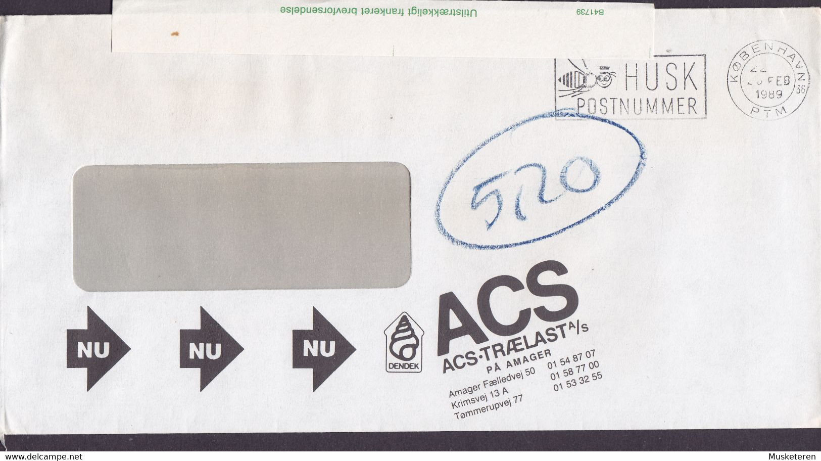 Denmark ACS-TRÆLAST, KØBENHAVN PTM. 1989 Cover Brief UTILSTRÆKKELIGT FRANKERET BREVFORSENDESE Label - Briefe U. Dokumente