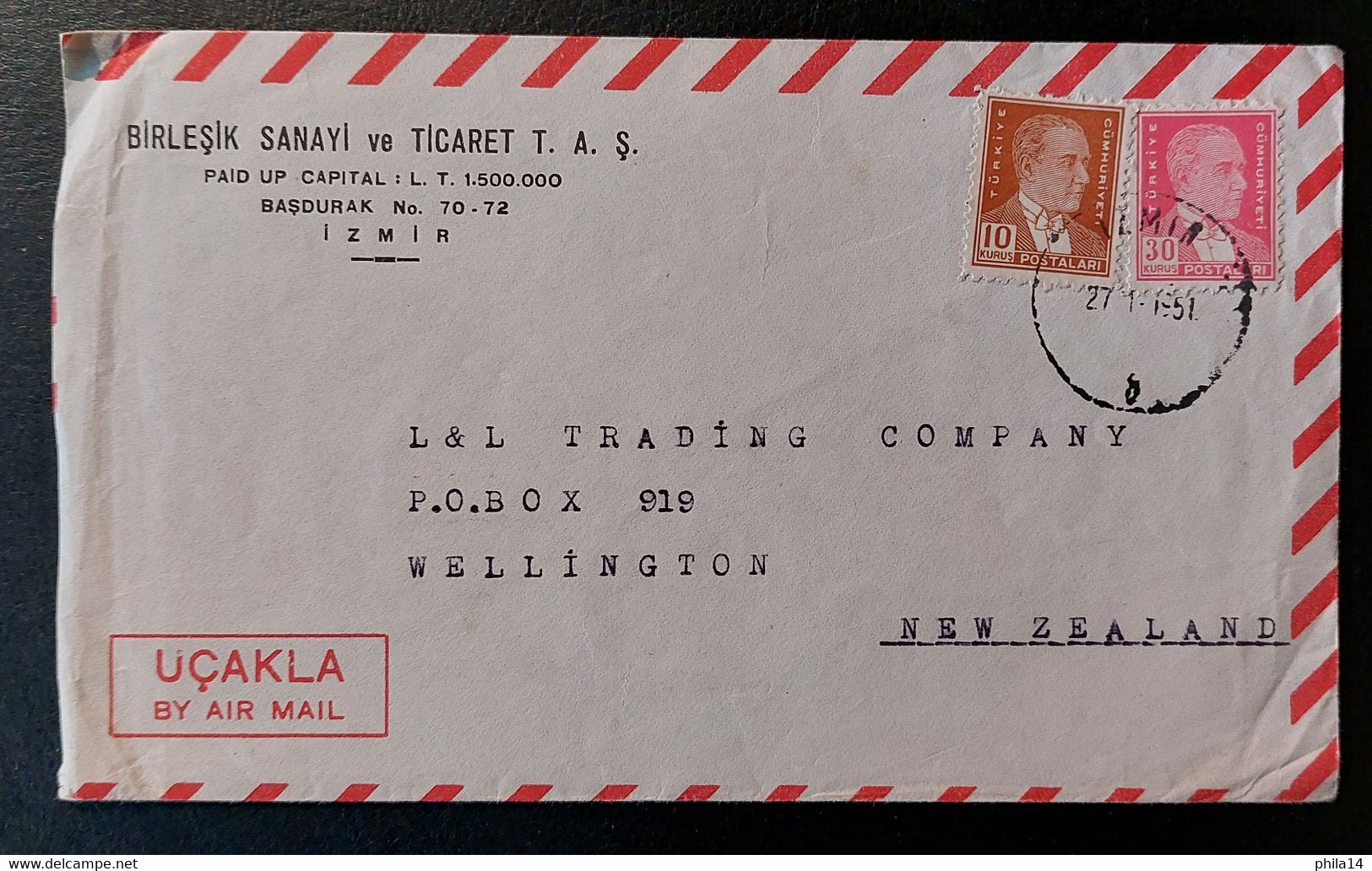 ENVELOPPE TURQUIE IZMIR POUR WELLINGTON NEW ZEALAND 1951 - Lettres & Documents