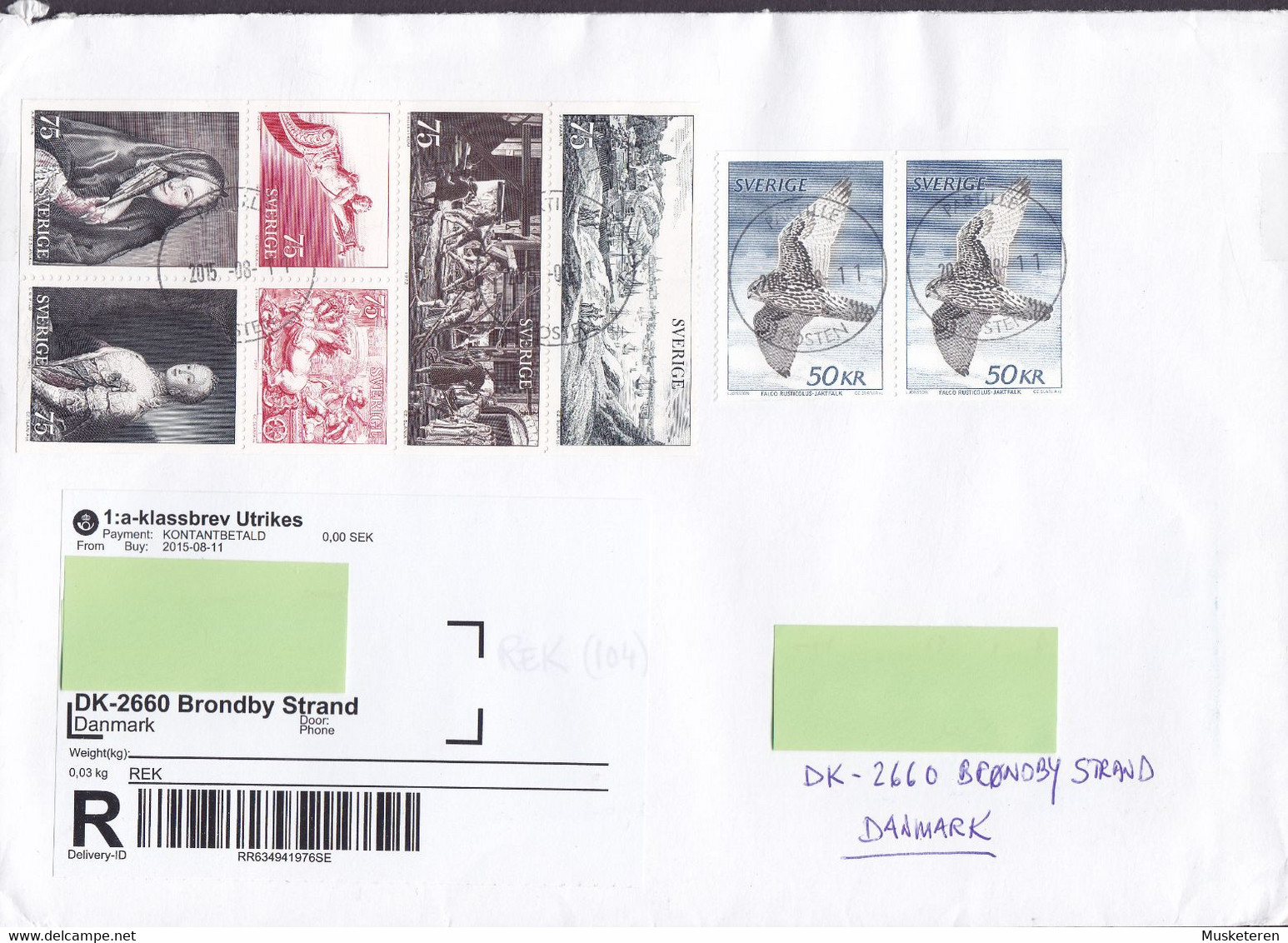 Registered Einschreiben Label PARTILLE 2015 Cover Brief BRØNDBY STRAND Denmark 2x Bird Vogel Oiseau Falcon Cz. Slania - Cartas & Documentos