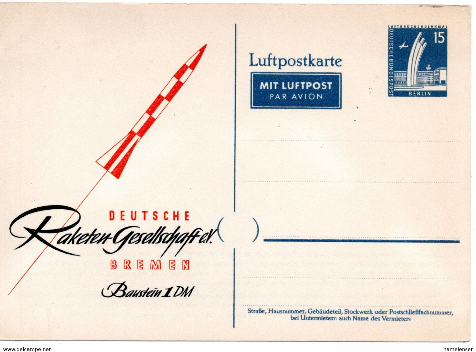 56420 - Berlin - 1958 - 15Pfg Stadtbilder PGALpKte "Deutsche Raketen-Gesellschaft", Ungebraucht - Europa