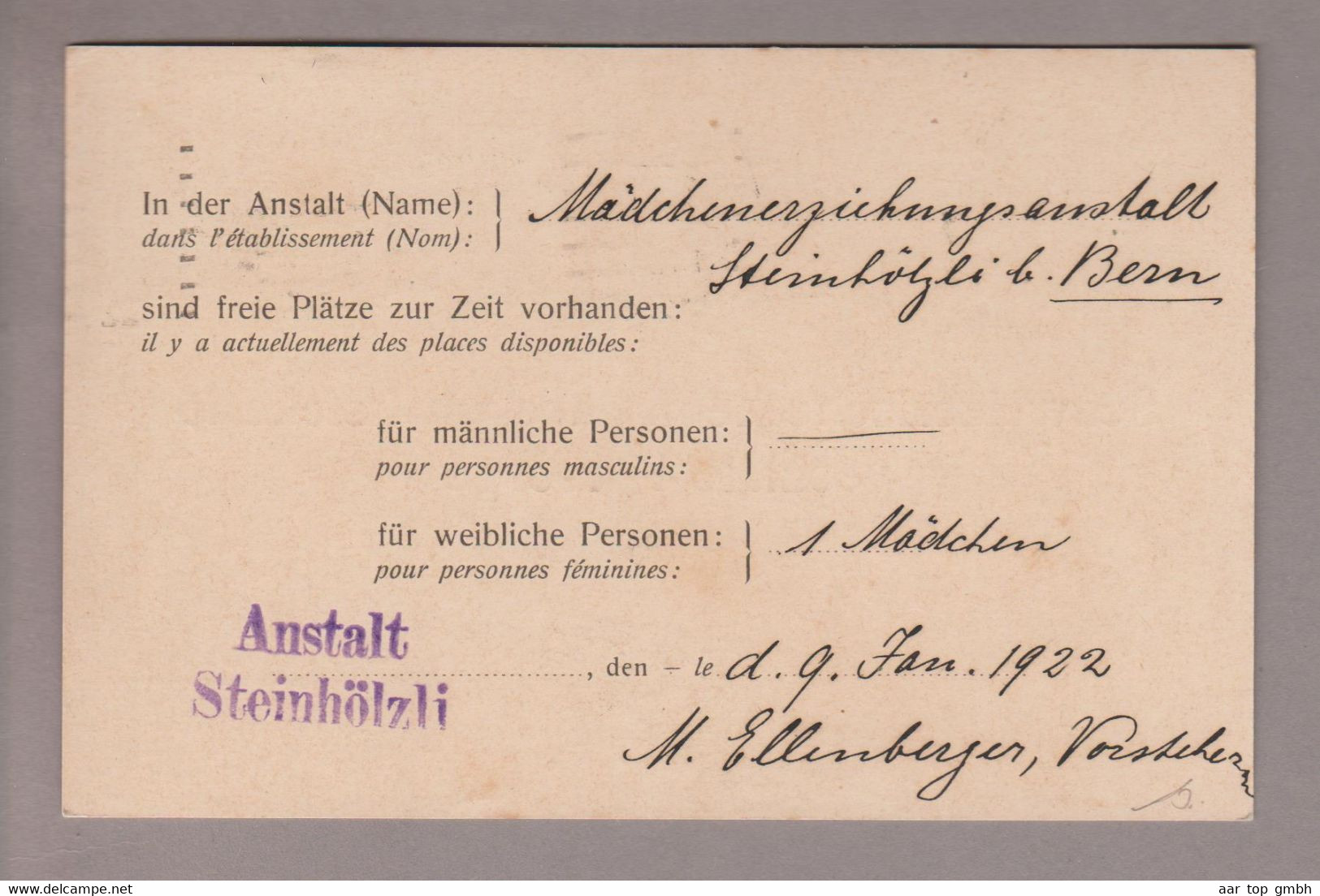 CH Portofreiheit 1922-01-10 Bern1 Portofreiheit-Postkarte Mit 2x5Rp. Zu#4A Kl#116 "Anstalt Steinhölzli" - Vrijstelling Van Portkosten