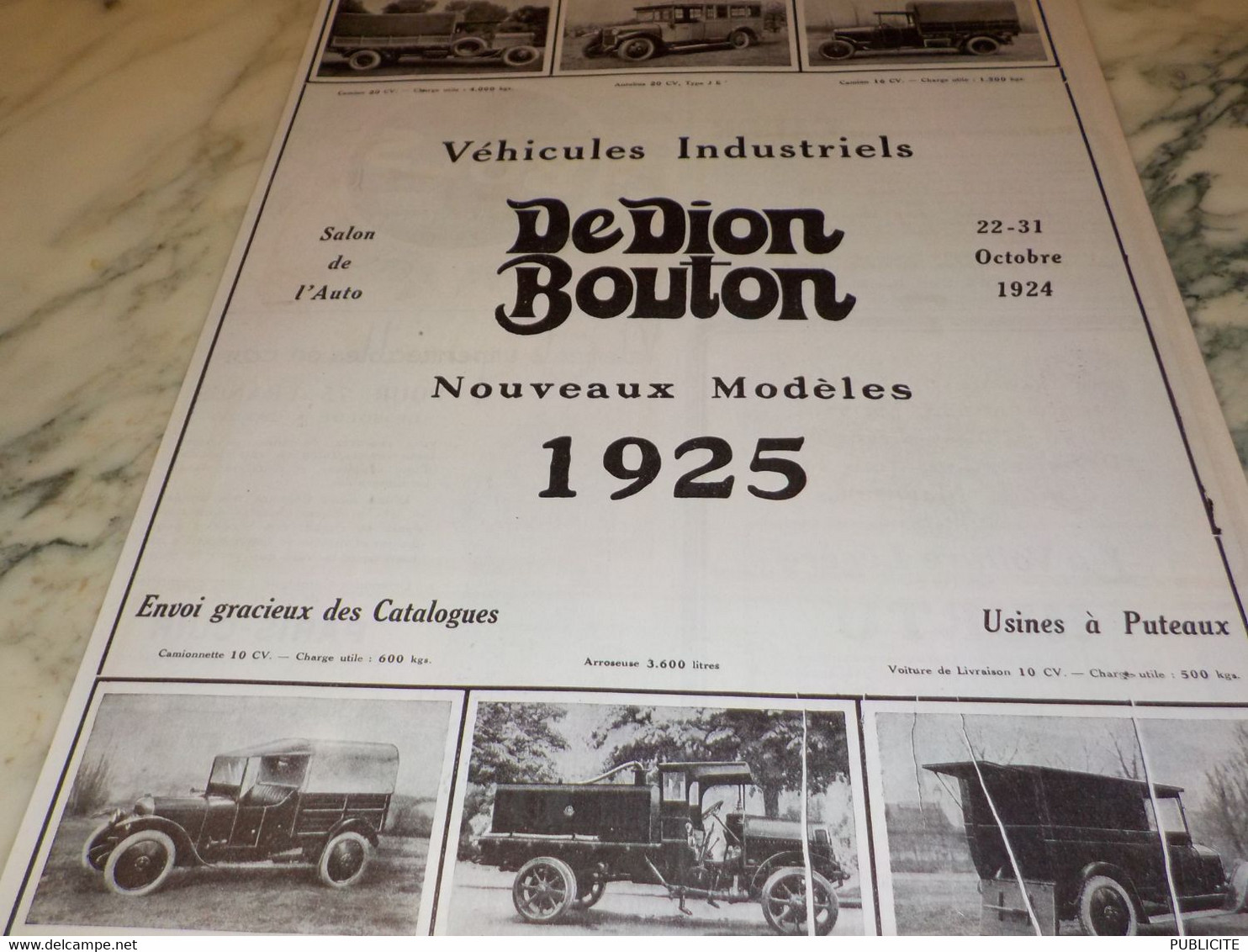 ANCIENNE PUBLICITE VEHICULES INDUSTRIEL   DE DION BOUTON  1924 - Trucks