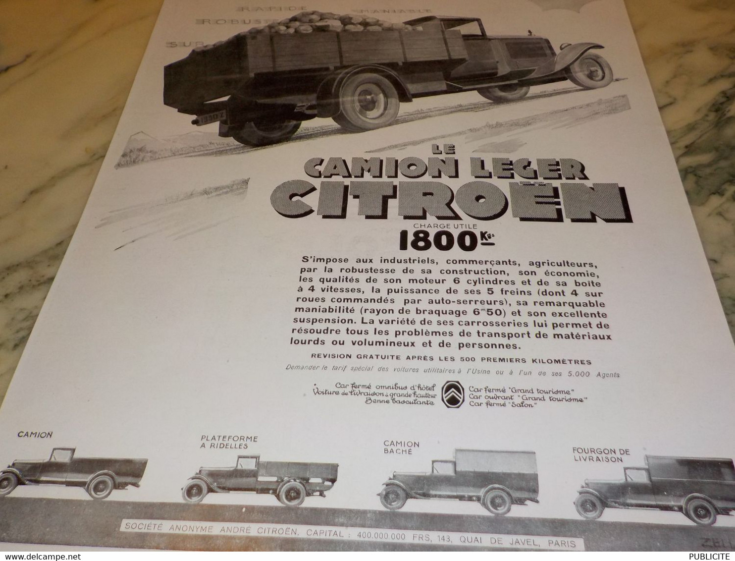 ANCIENNE PUBLICITE CAMION LEGER CITROEN  1929 - Camiones