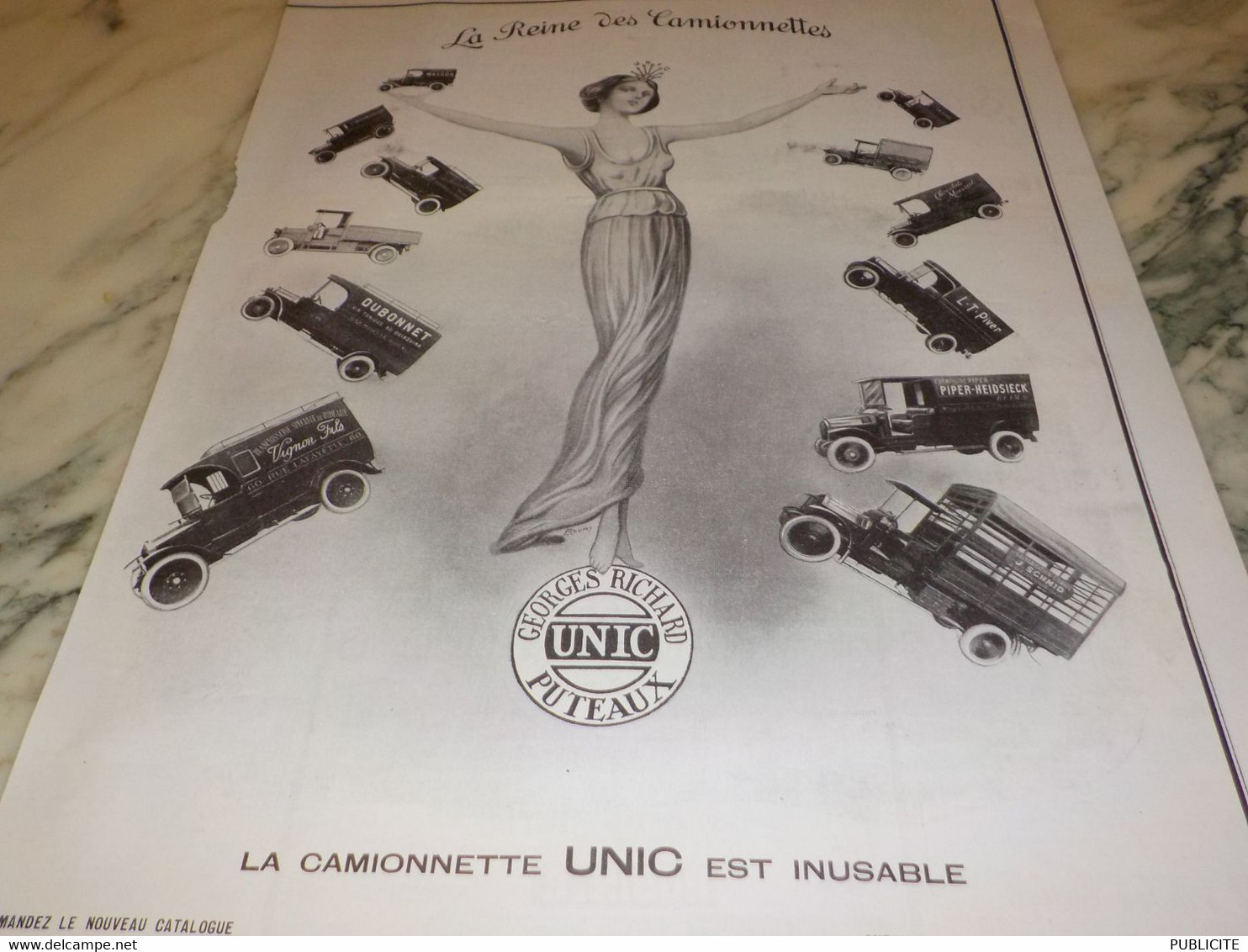 ANCIENNE PUBLICITE LA REINE DES CAMIONNETTES UNIC 1929 - Vrachtwagens