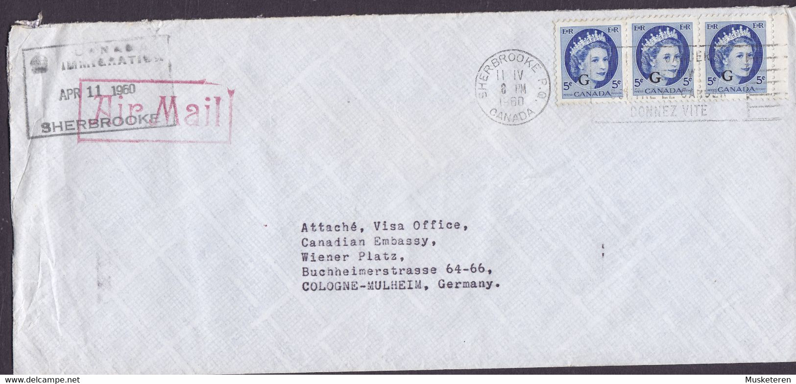 CANADA IMMIGRATION Boxed Cds. SHERBROOKE 1960 Cover Lettre COLOGNE Mulheim Germany 3-Stripe 'G' Overprinted QEII. Stamps - Surchargés