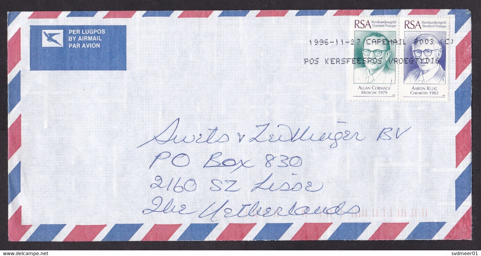 South Africa: Airmail Cover To Netherlands, 1996, 2 Stamps, Nobel Prize Medicine & Chemistry (minor Damage At Back) - Cartas & Documentos