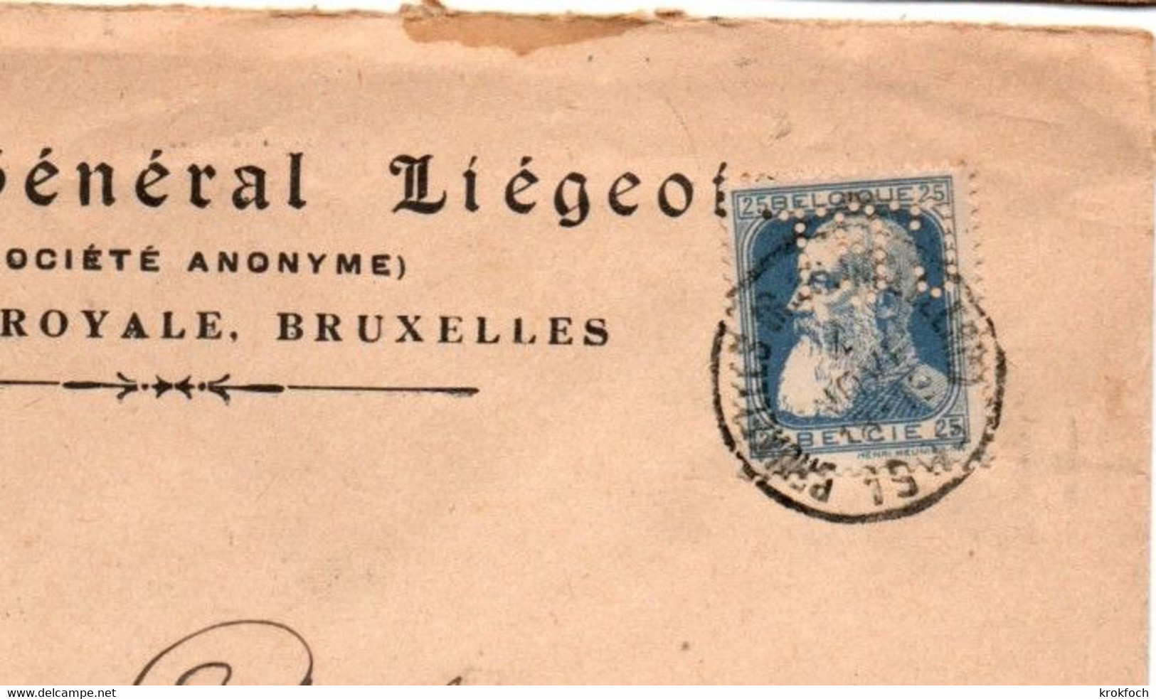 Crédit Général Liégeois 1908  - Grosse Barbe Perforée CGL - Bleu Et Brun Sur Lettre - 3 Scans - 1863-09
