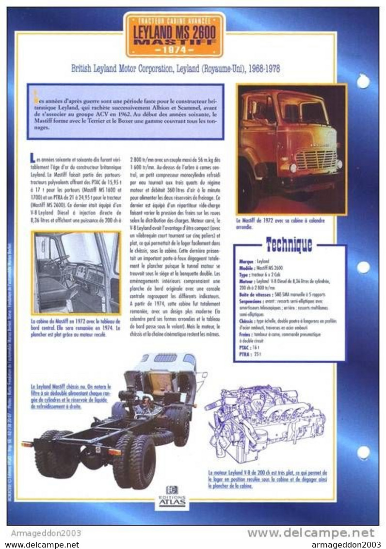 C2/ FICHE CARTONNE CAMION SERIE TRACTEUR CABINE GB 1974 LEYLAND MS 2600 MASTIFF - Camion