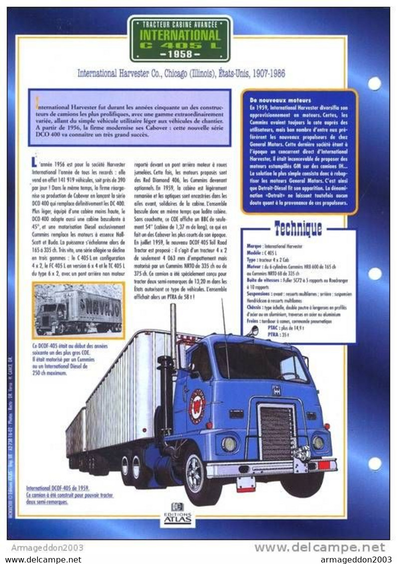 C2/ FICHE CARTONNE CAMION TRACTEUR CABINE US CHICAGO 1958 INTERNATIONAL C405L - Camiones