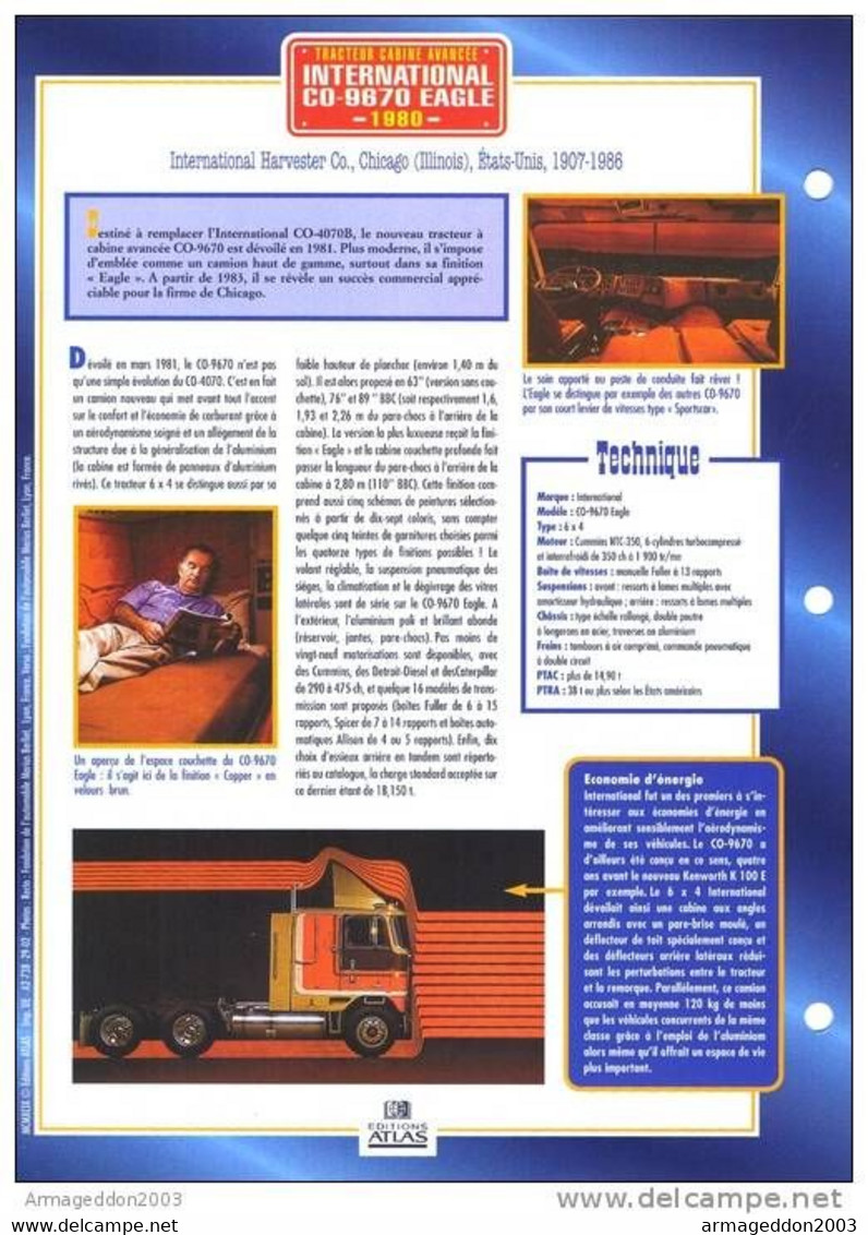 C2/ FICHE CARTONNE CAMION TRACTEUR CABINE US CHICAGO 1980 INTERNATIONAL CO.9870 - Vrachtwagens