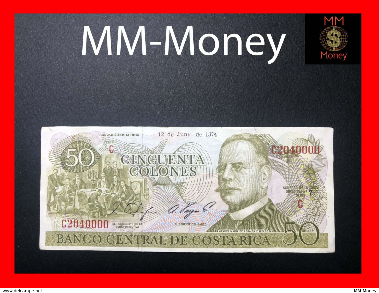 COSTA RICA  50 Colones  12.6.1974  P. 239   "fancy Serial 2040000"  *first Date*   XF \ AU - Costa Rica