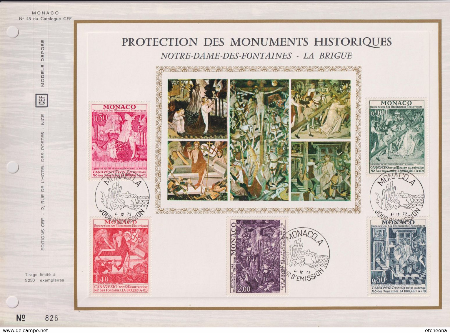 Protection Monument Historique N.D. Des Fontaines La Brigue N°905 906 907 908 909 Monaco 4 12 72 Encart Perforé 1er Jour - Briefe U. Dokumente