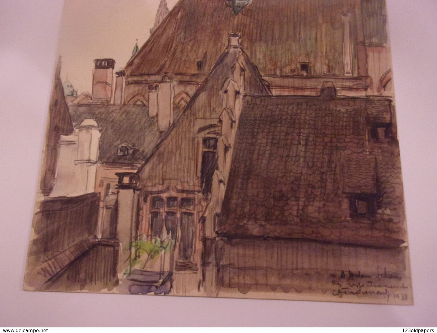 Alsace Strasbourg Henri-Georges TROUSSARD   (Tours 1896-1953) Dessin 1938 CARTON AVEC ENVOI 32/25 CM - Other & Unclassified