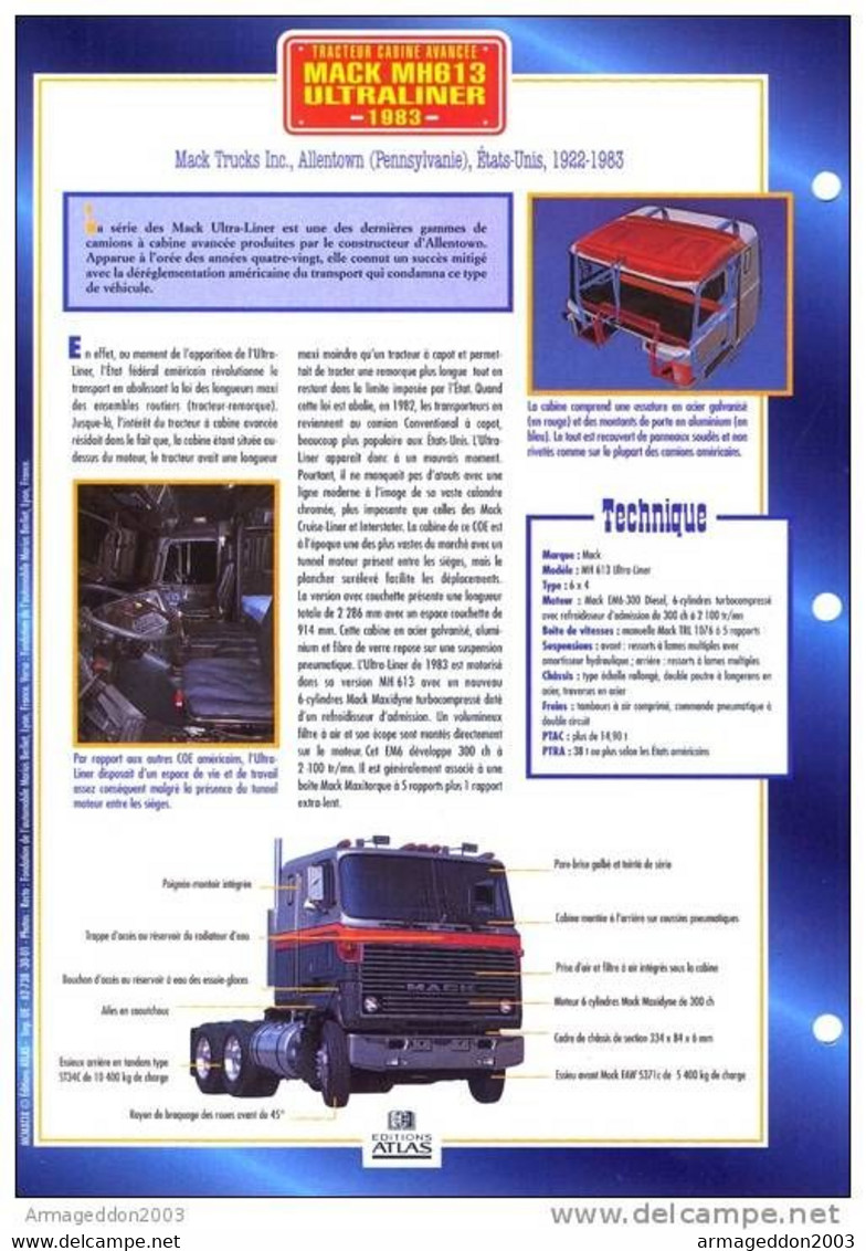 C2/ FICHE CARTONNE CAMION TRACTEUR CABINE US ALLENTOWN 1983 MACK MH613 ULTRALINE - Trucks