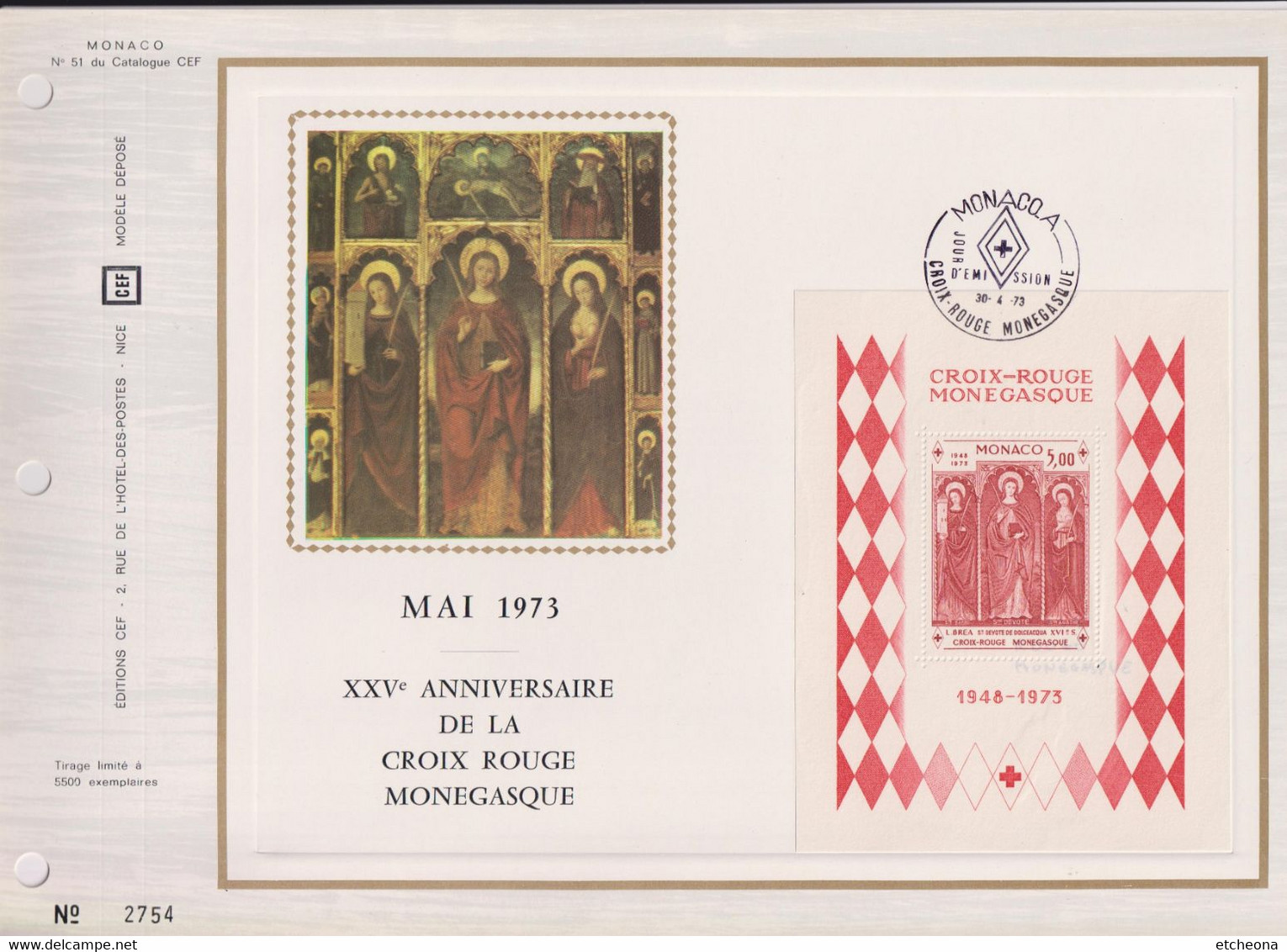 Anniversaire De La Croix Rouge Monégasque BF7 N°933 Monaco 30.4 73 Encart Perforé 1er Jour - Briefe U. Dokumente