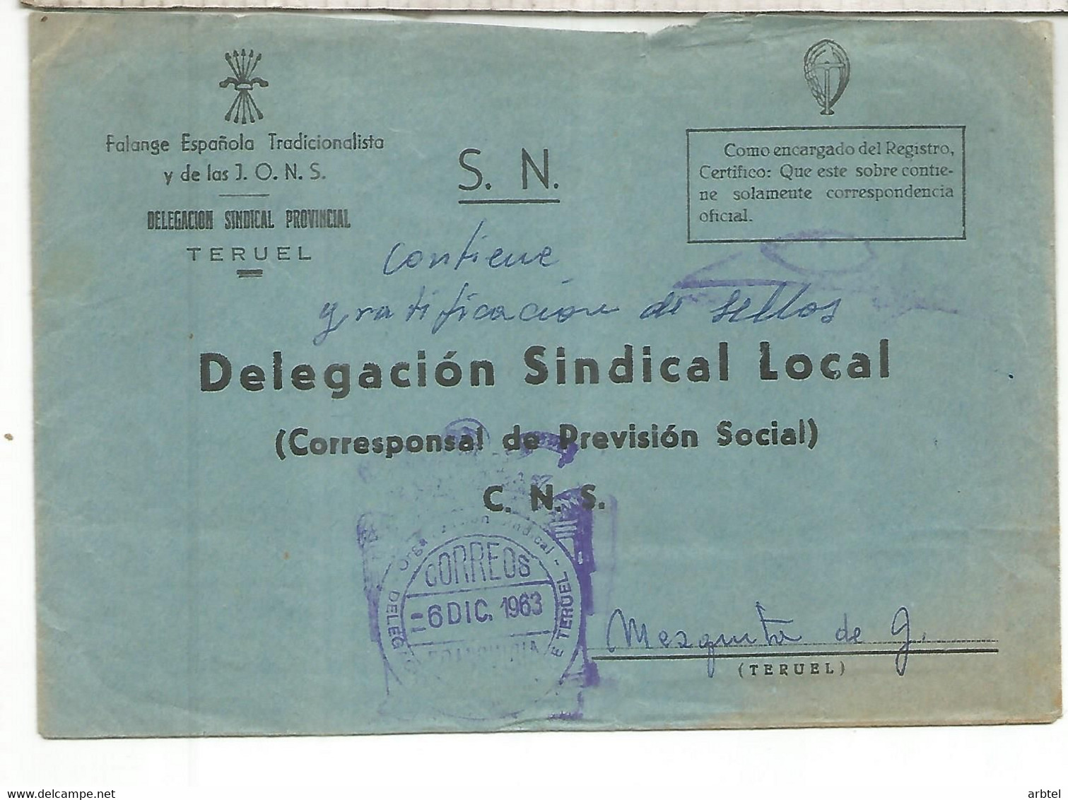 TERUEL CC FRANQUICIA DELEGACION SINDICAL 1963 - Postage Free