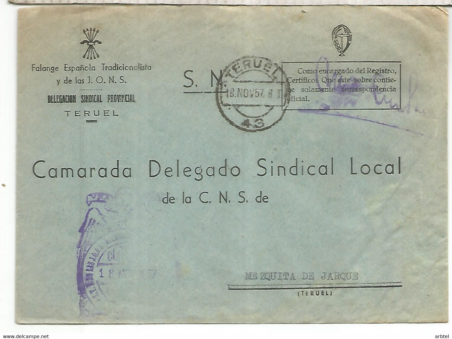 TERUEL CC FRANQUICIA DELEGACION SINDICAL 1963 - Postage Free