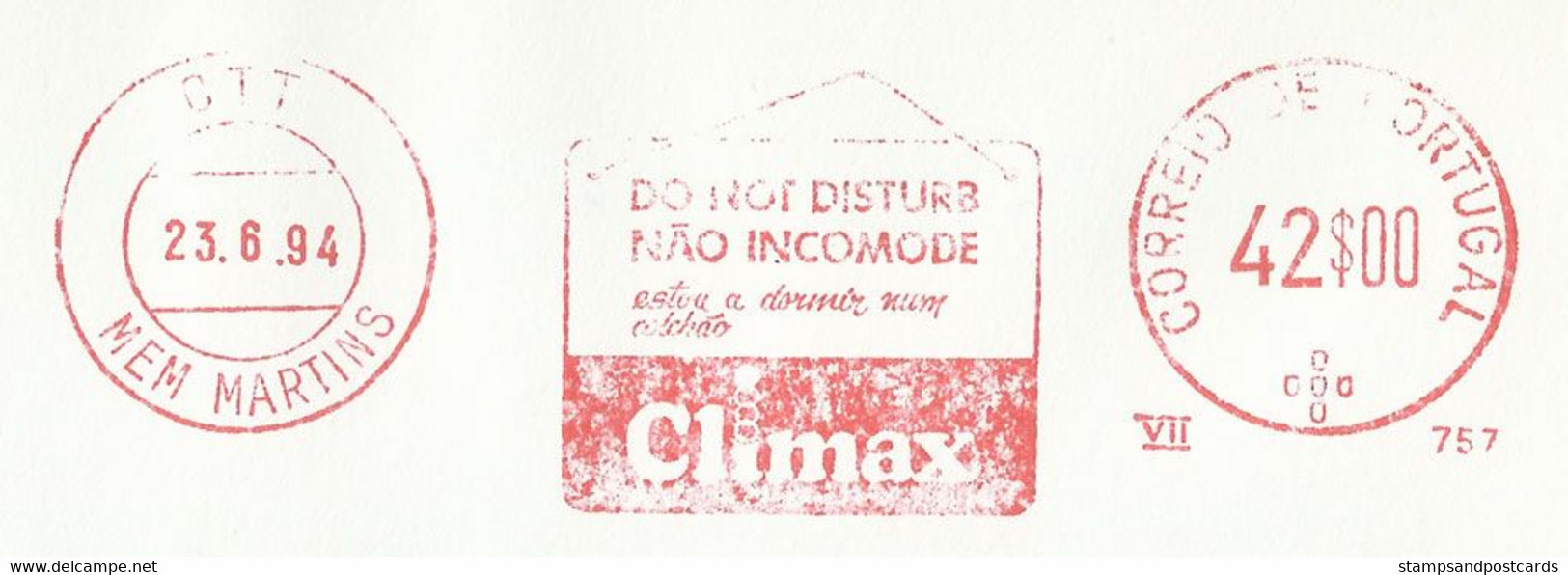 Portugal EMA Cachet Rouge Plaque Ne Pas Deranger Climax Matelas 1994 Do Not Disturb Sign Mattresses Stamp Meter - Franking Machines (EMA)