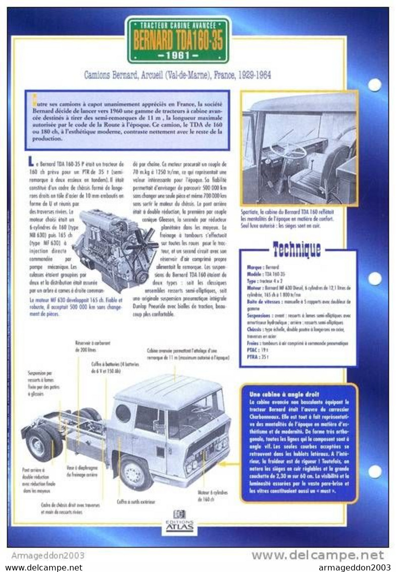 C2/ FICHE CARTONNE CAMION TRACTEUR CABINE FRANCE ARCUEIL 1961 BERNARD TDA 160.35 - Vrachtwagens