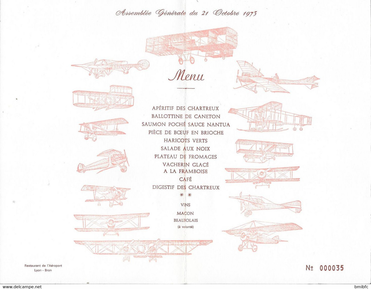 Thème Aviation - Menu De L'Assemblée Générale Du 21 Octobre 1973 LES VIEILLES TIGES Section Centre-Rhône-Alpes LYON - Menus