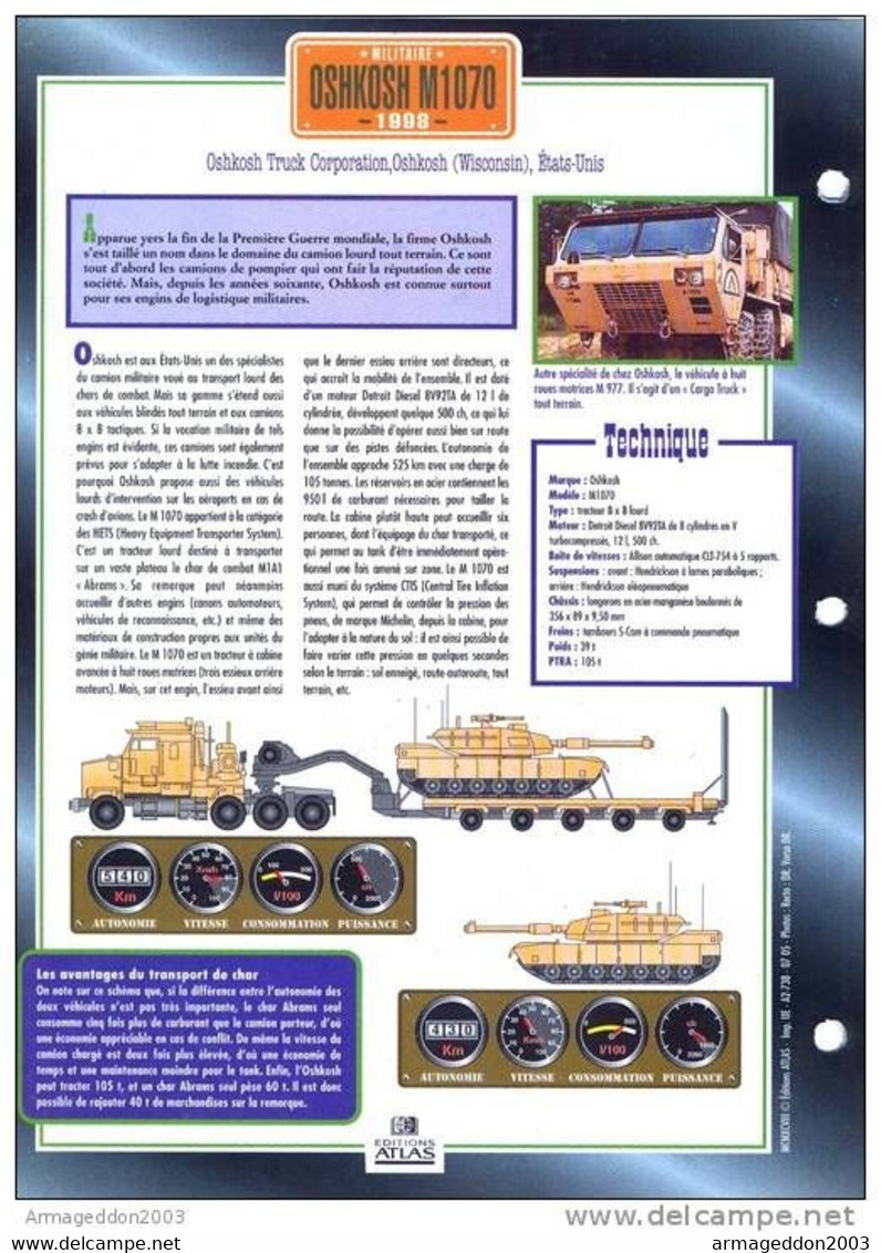 C2/ FICHE CARTONNE CAMION MILITAIRE US 1998 OSHKOSH M1070 - Camiones