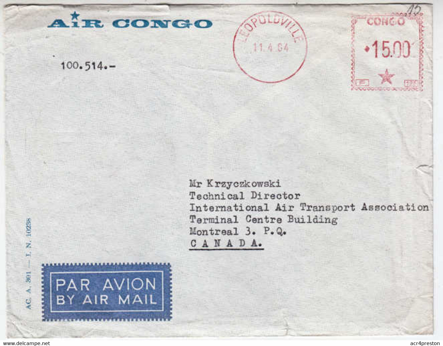 Cb0059 CONGO (Leo) 1964,  Machine Cancelled Leopoldville Cover To Canada - Briefe U. Dokumente