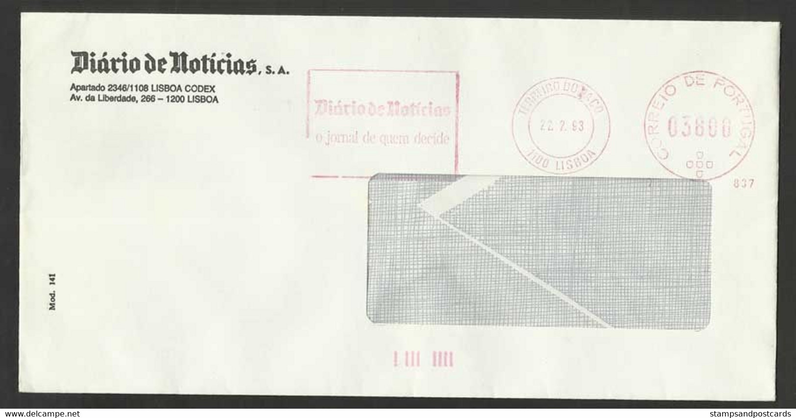 Portugal EMA Cachet Rouge Journal Diario De Noticias Journalisme Media 1993 Newspaper Journalism Franking Meter - Maschinenstempel (EMA)