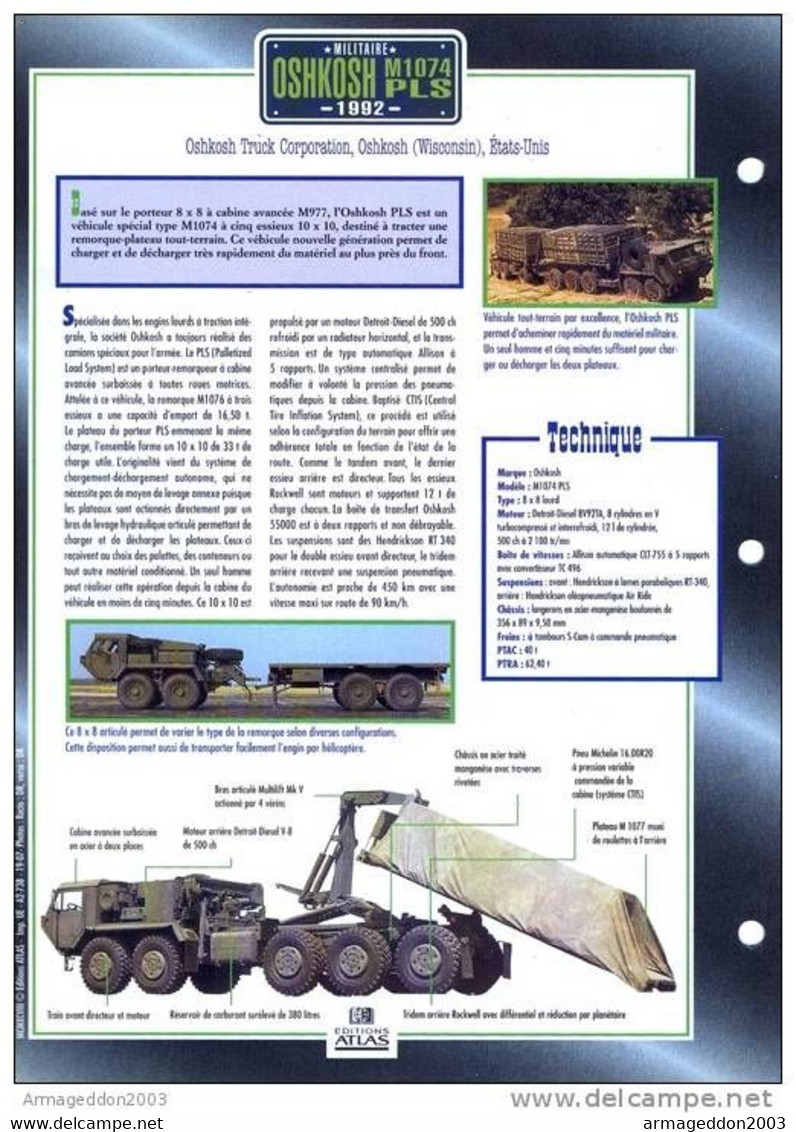 C2/ FICHE CARTONNE CAMION MILITAIRE US 1992 OSHKOSH M1074 PLS - Vrachtwagens