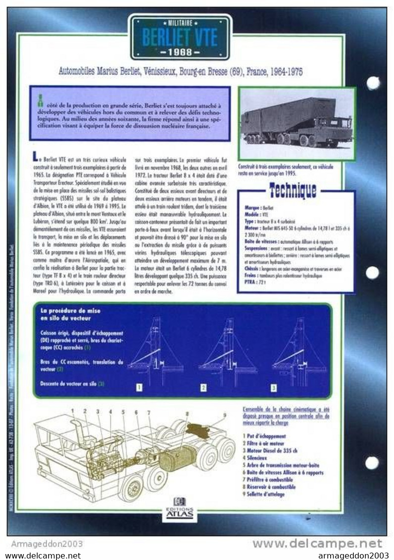 C2/ FICHE CARTONNE CAMION MILITAIRE FRANCE 1968 BERLIET VTE - Trucks