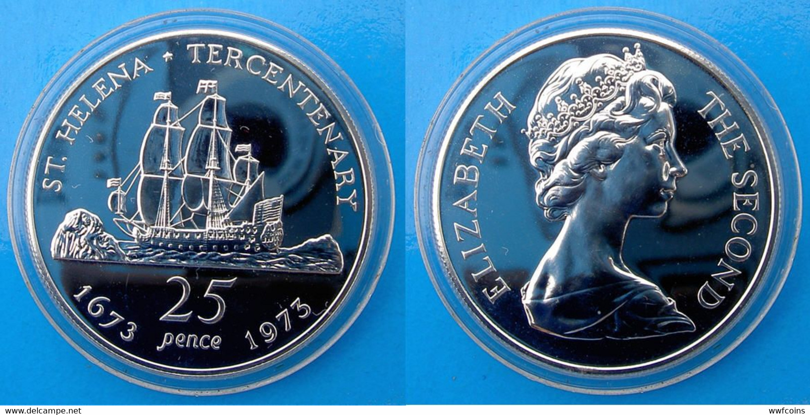 ST. HELENA 25 P 1973 ARGENTO VELIERO NAVE TERCENTENARY OF THE GRANTING OF THE ROYAL CHARTER PESO 28,20 TITOLO 925 CONSER - Sainte-Hélène