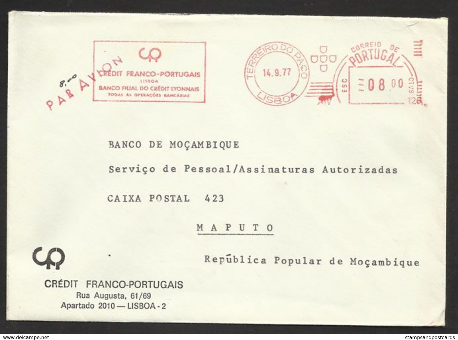 Portugal EMA Cachet Rouge Banque Credit Franco Portugais Filiale Crédit Lyonnais 1977 Pour Mozambique Meter Stamp Bank - Frankeermachines (EMA)