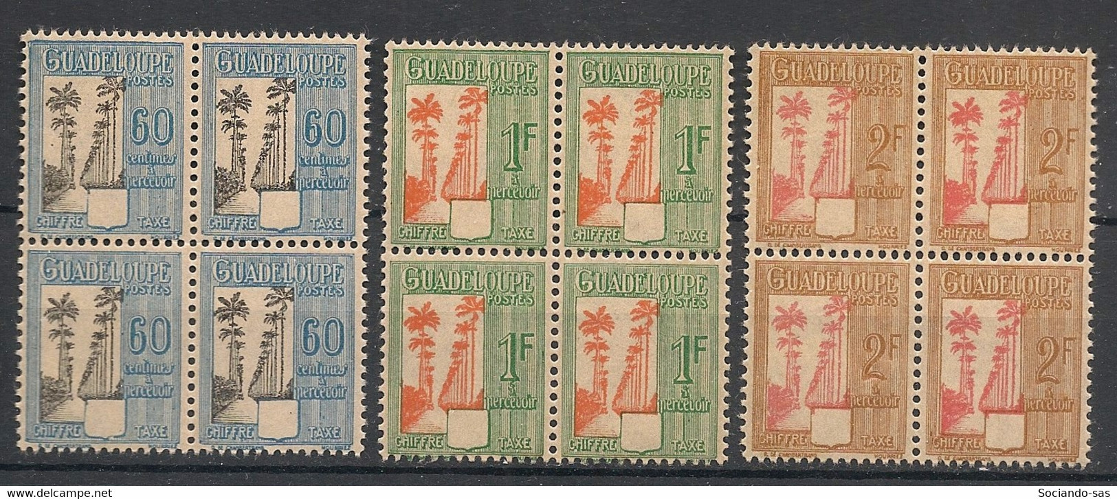 GUADELOUPE - 1944 - Taxe TT N°Yv. 38 à 40 - Série Complète En Blocs De 4 - Neuf Luxe ** / MNH / Postfrisch - Portomarken