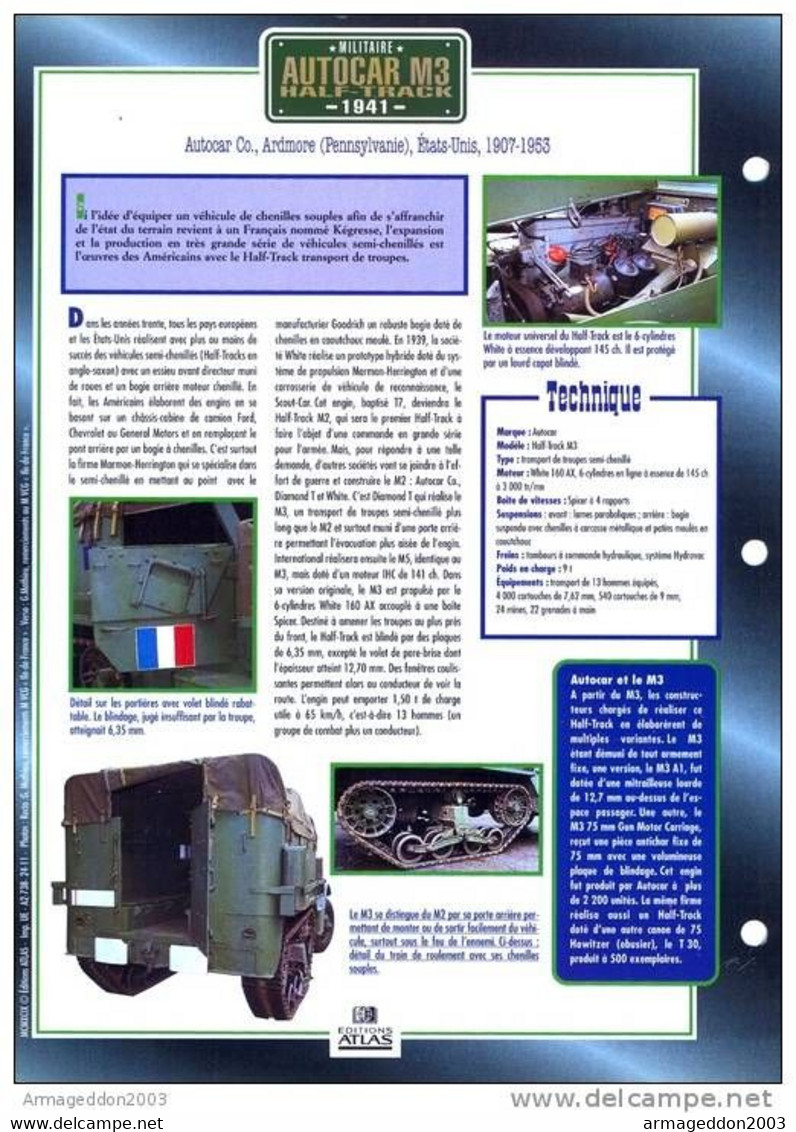 C2/ FICHE CARTONNE CAMION MILITAIRE US 1941 Autocar M3 HALF TRACK - Trucks