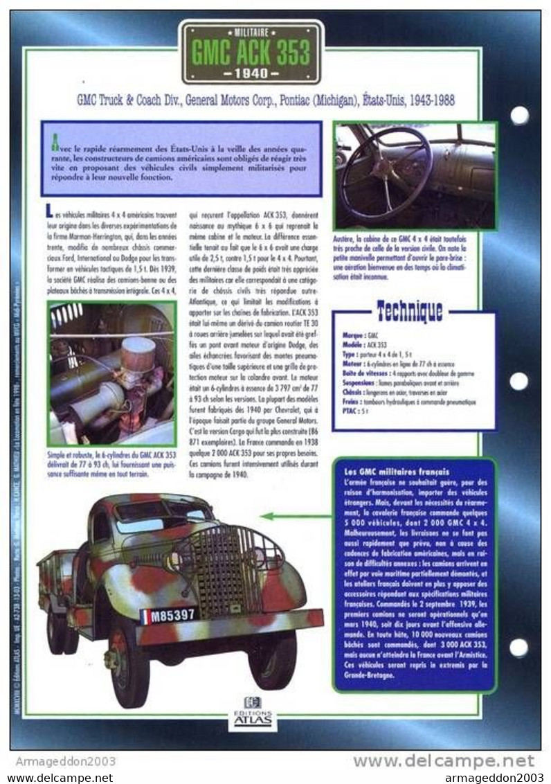 C2/ FICHE CARTONNE CAMION MILITAIRE USA 1940 GMC ACK 353 - Trucks