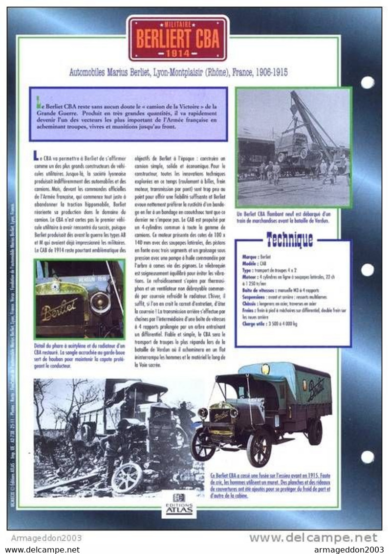 C2/ FICHE CARTONNE CAMION MILITAIRE FRANCE 1914 BERLIET CBA - Camions