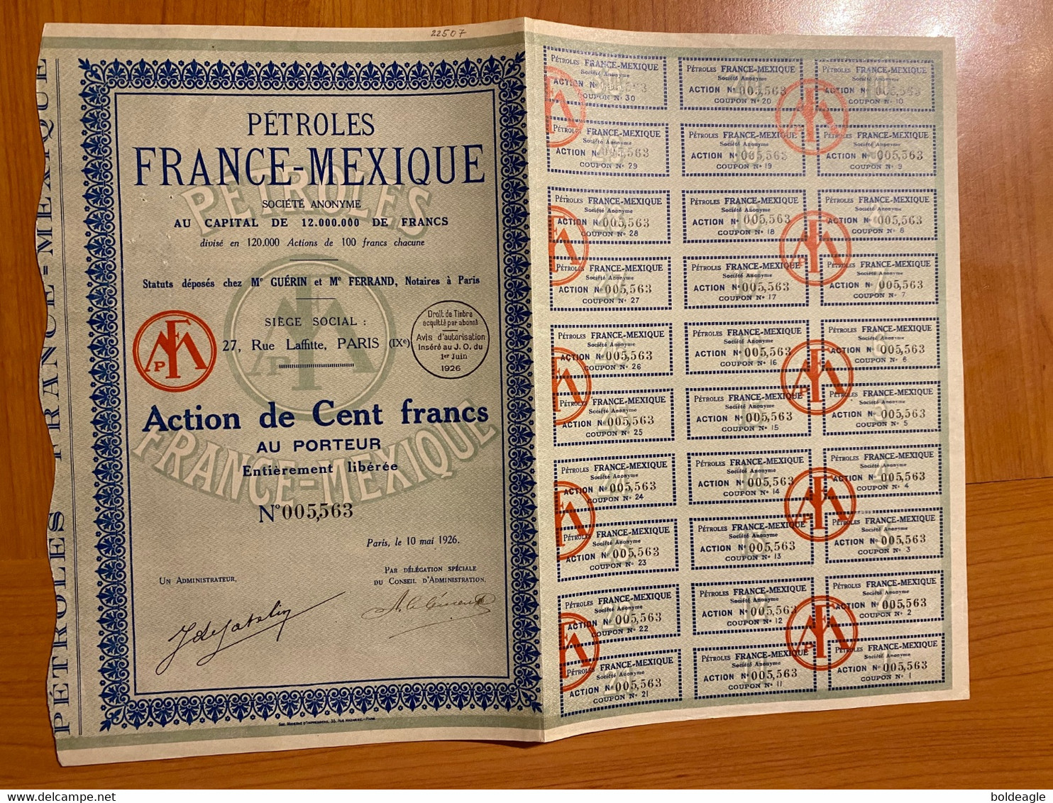 FRANCE - PÉTROLES FRANCE MEXIQUE -ACTION DE 100 F 1926 AVEC COUPONS - Oil