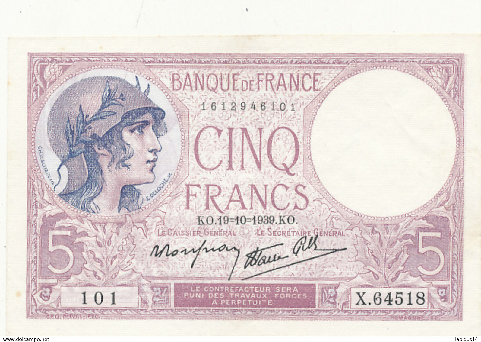 BILLET  BANQUE DE FRANCE  CINQ FRANCS  19/10/1939 - 5 F 1917-1940 ''Violet''